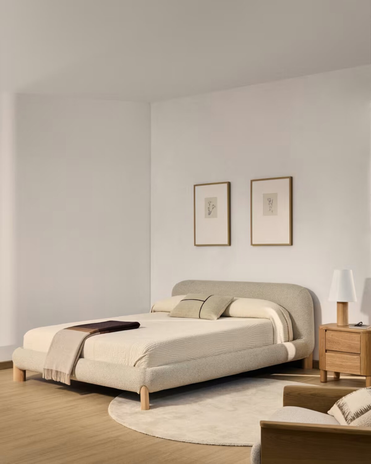 Odina ecru bouclÃ© bed with removable cover and solid ash wood legs with natural finish for 180 x 200cm mattress