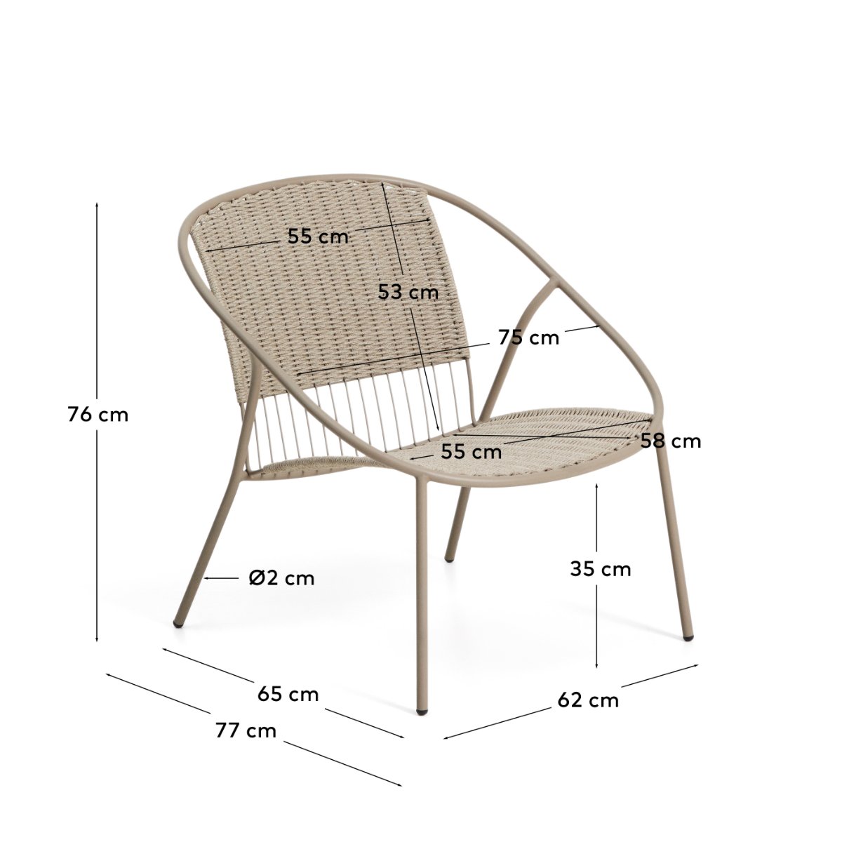 Stackable Atrani armchair in galvanized steel and taupe rope