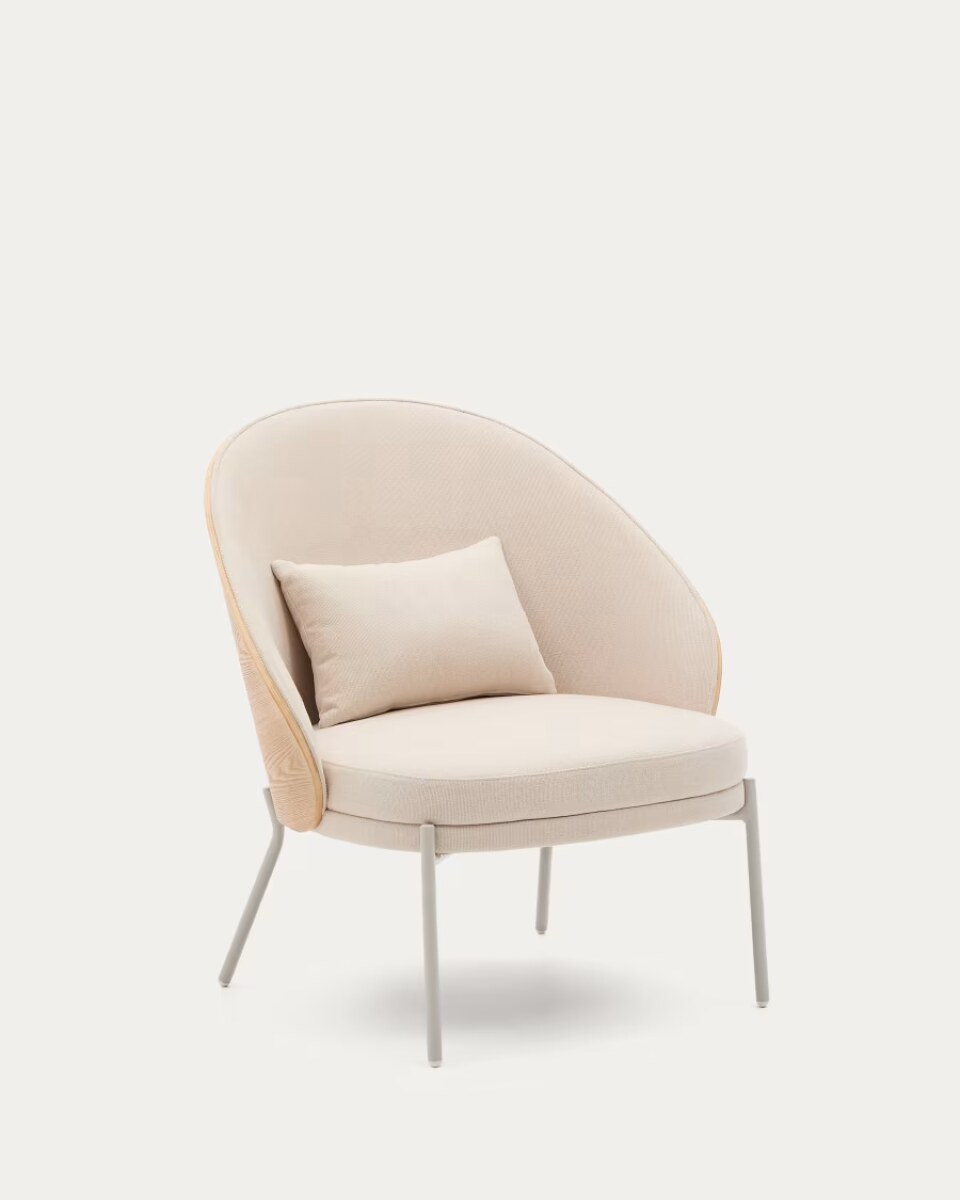 Eamy armchair in beige chenille. in a natural finish ash veneer and beige metal