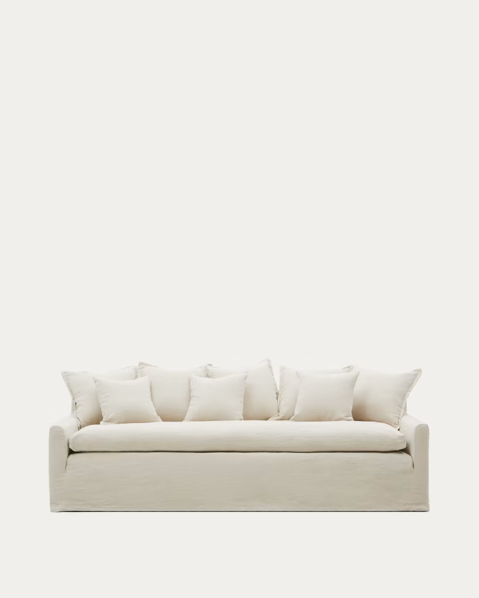 Zenira 3-seater sofa with removable cover and cushions in beige cotton and linen 230cm