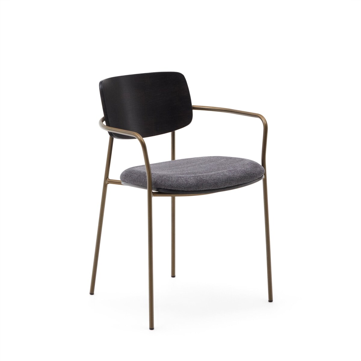Maureen stackable chair in poplar plywood with dark tone finish and brass-finish metal 100% FSC