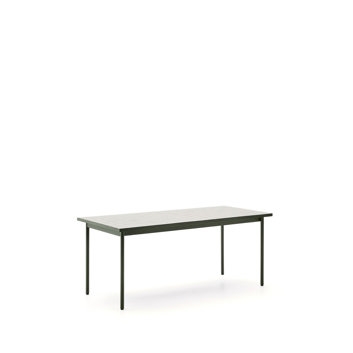 Maurina outdoor table in green galvanised steel with ecru-colored tiles 182 x 91cm