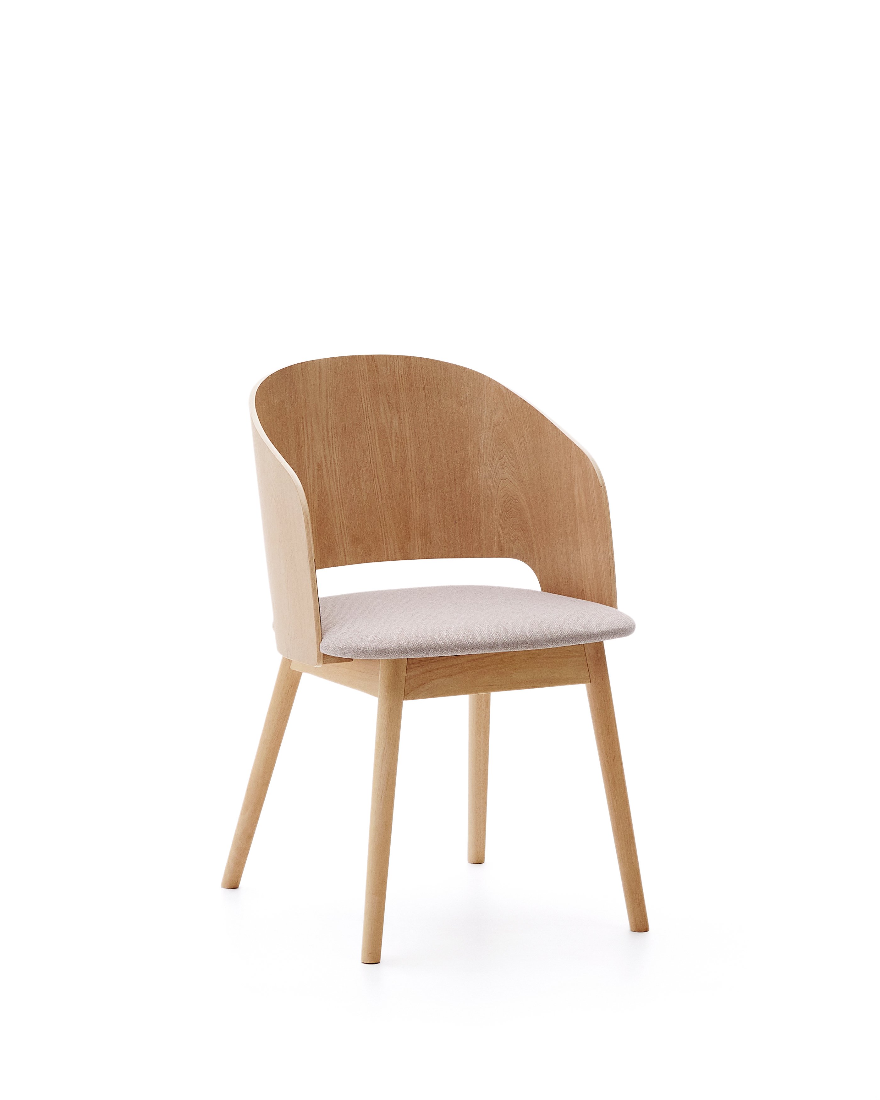 Senoa chair in ash veneer and wood with natural finish and beige chenille fabric
