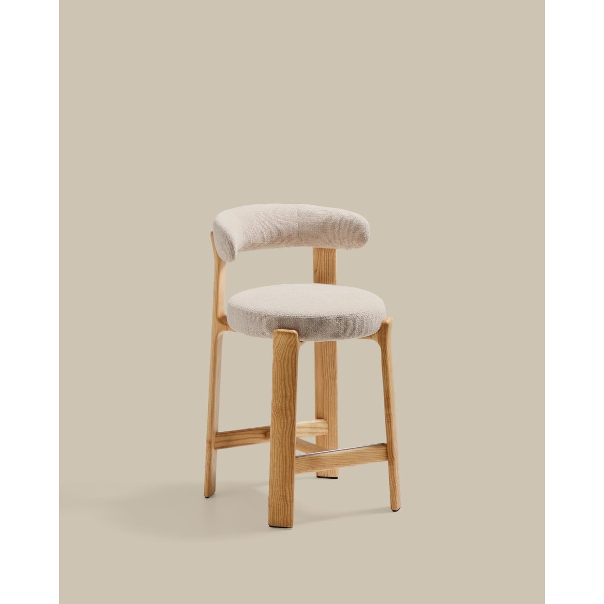 Granite stool in beige chenille and solid ash wood with natural tone finish FSC 100% 65cm
