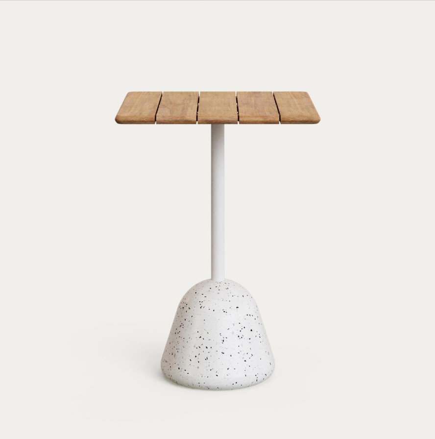 Saura high bar table with white terrazzo base and natural finish acacia top 70x70x99cm