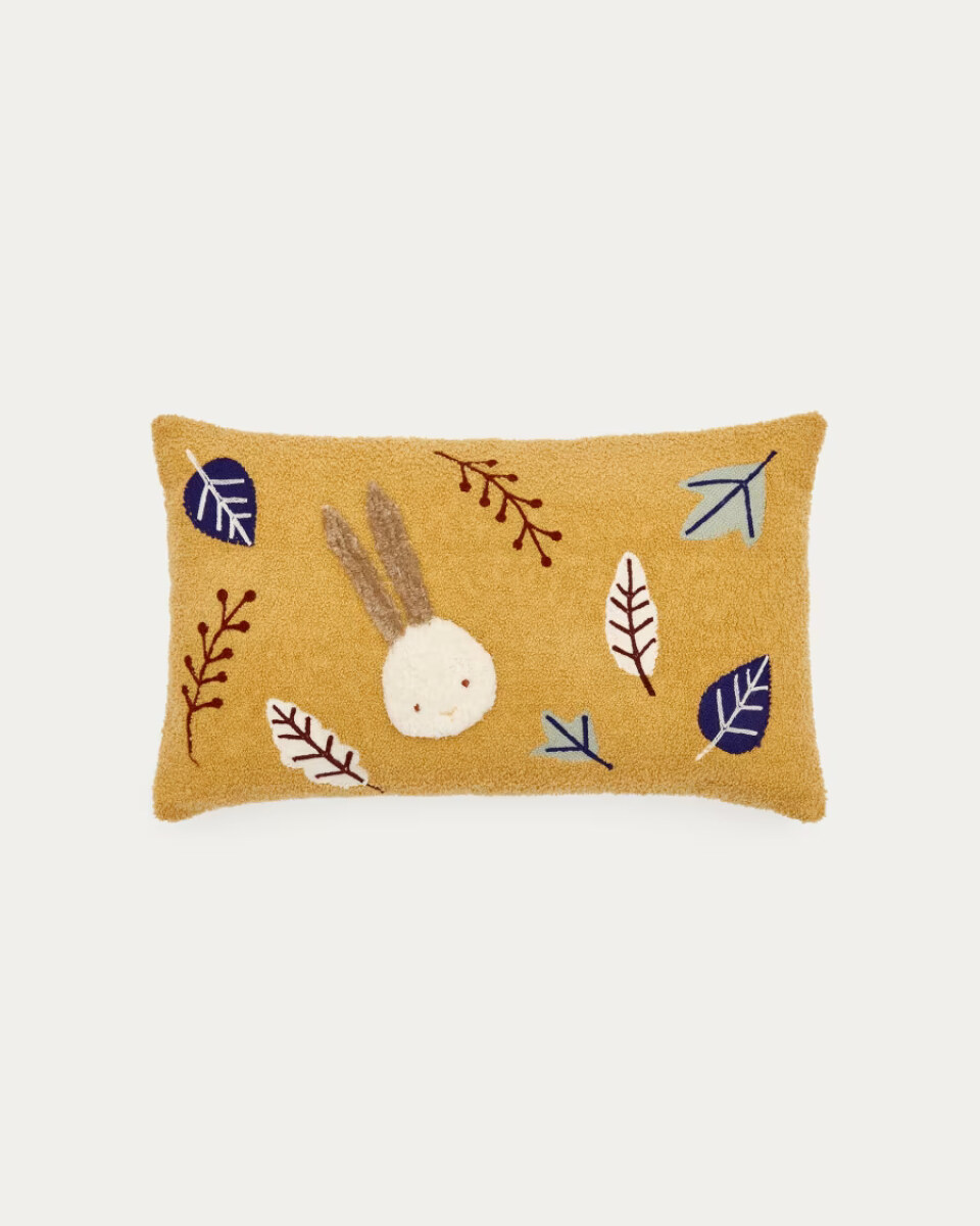 Yanil cushion cover in mustard boucl with multicolour embroidered leaves  30 x 50 cm