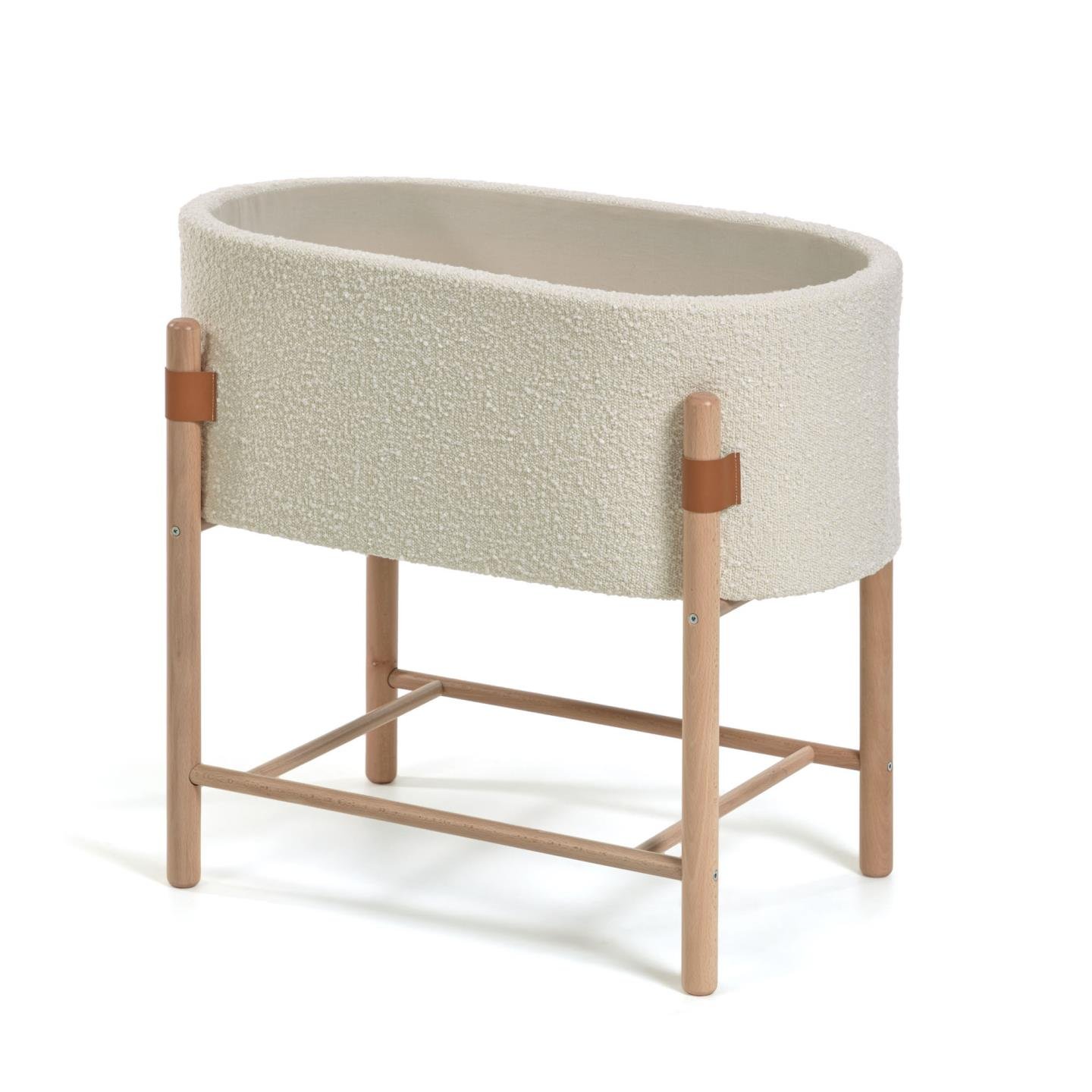 Adara white boucle moses basket with solid beech legs 69 x 46 cm