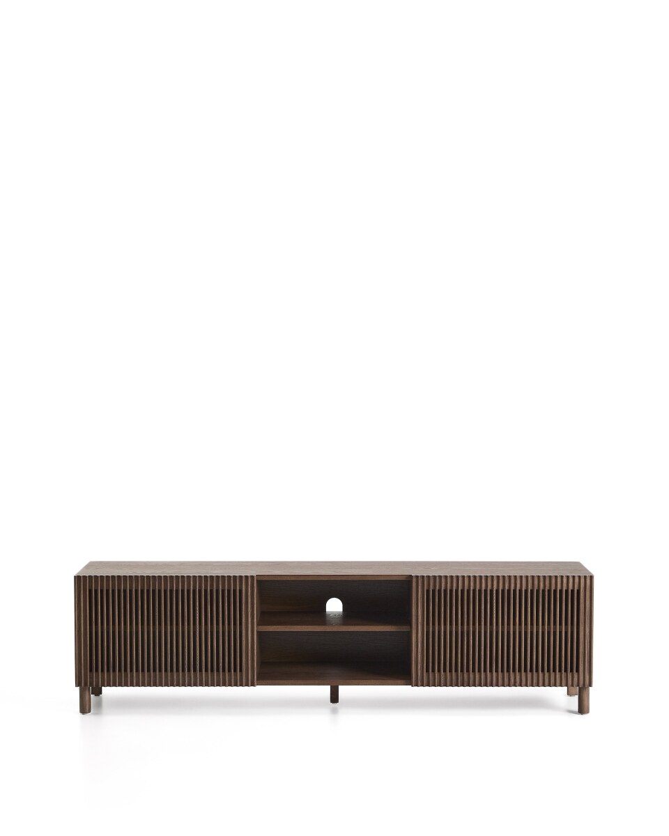 Beyla TV stand with 2 doors in ash veneer and solid ash wood with walnut-tone finish 180 x 49.5 cm FSC 100%