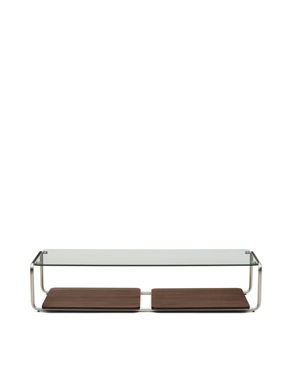 Tarsel coffee table in temperedÂ© glass and walnut veneer top with brushedÂ© stainless steel frame 140Ã x 60Ã cm
