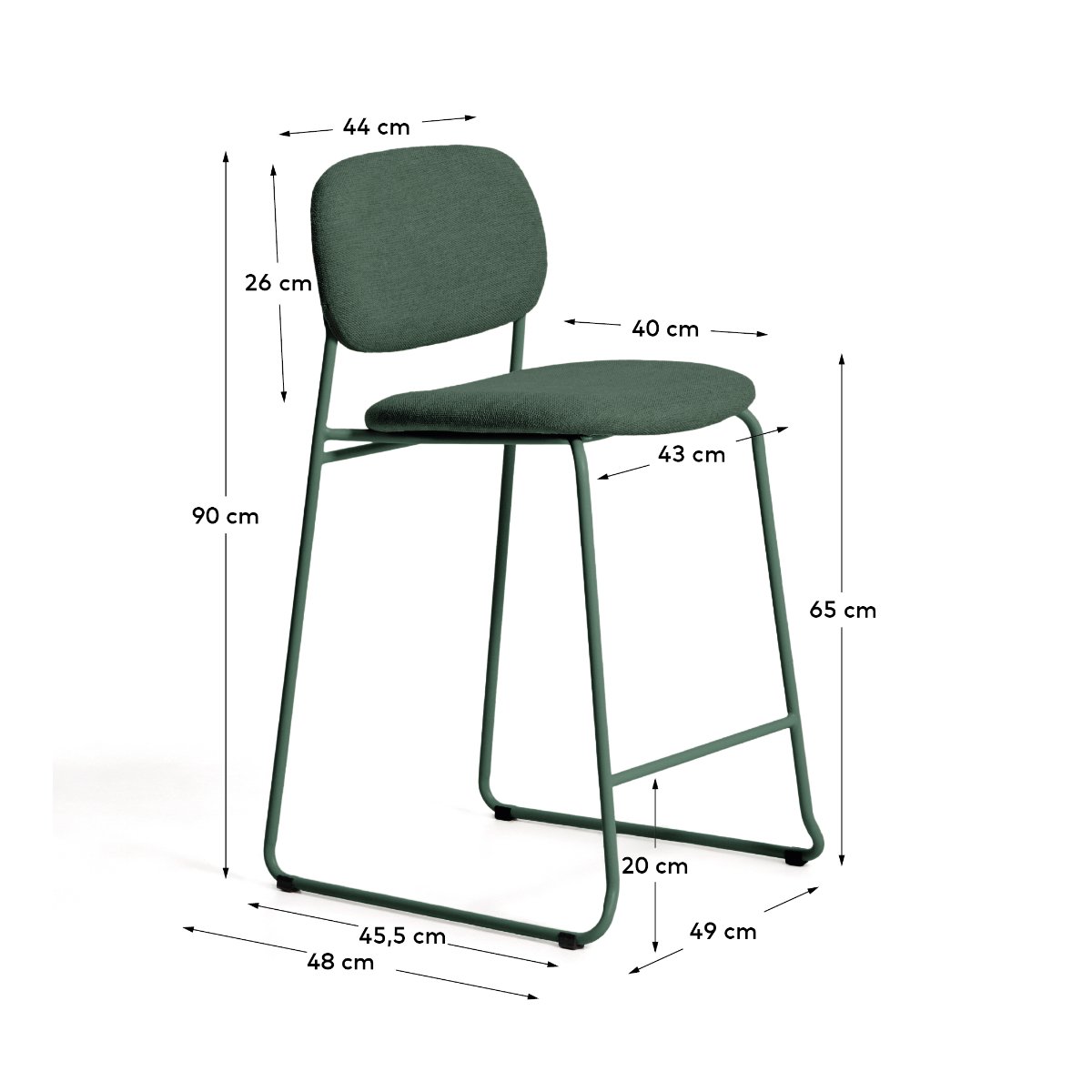 Meli stackable stool in green chenille with green metal legs FSC Mix Credit 65cm