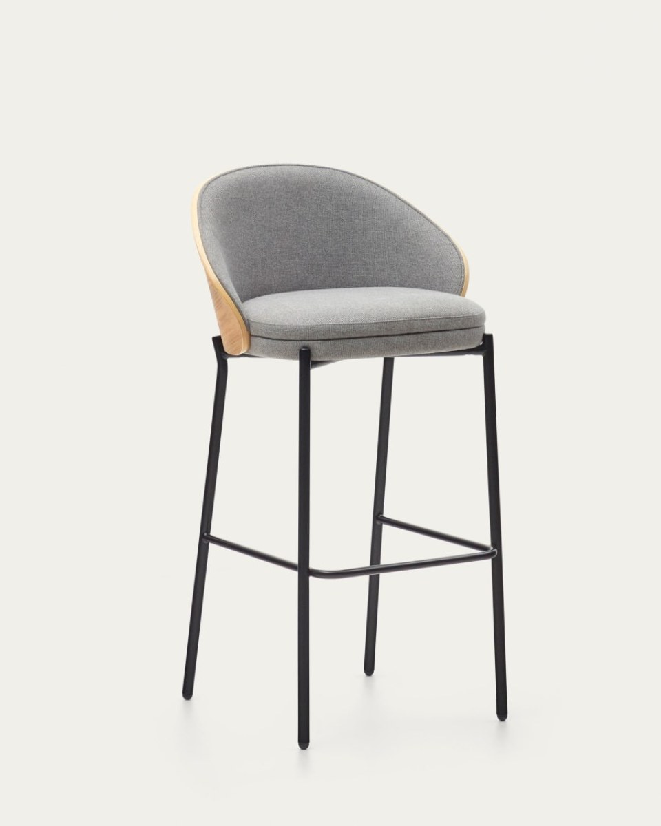 Eamy stool light grey chenille and ash wood veneer with a natural finish and black metal. 77 cm