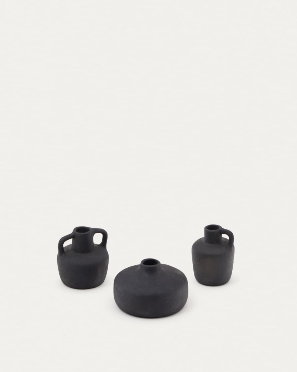 Sofra set of 3 terracotta vases in a black finish. 6 cm / 7 cm / 10 cm