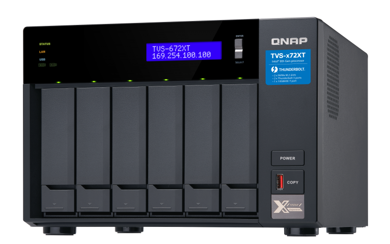 QNAP TVS-672XT-i3-8G Breakthrough performance and outstanding connectivity with 10GbE Thunderbolt™ 3 and M.2 PCIe NVMe SSD slots (Supports QTS or QuTS hero operating system)