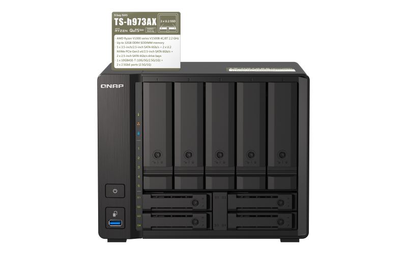 QNAP TS-h973AX-8G Enhance business productivity using the quad-core 9-bay QuTS hero NAS that supports U.2 NVMe SSD and 10GbE 2.5GbE connectivity