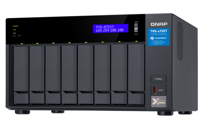 QNAP TVS-872XT-i5-16G Breakthrough performance and outstanding connectivity with 10GbE Thunderbolt™ 3 and M.2 PCIe NVMe SSD slots (Supports QTS or QuTS hero operating system)