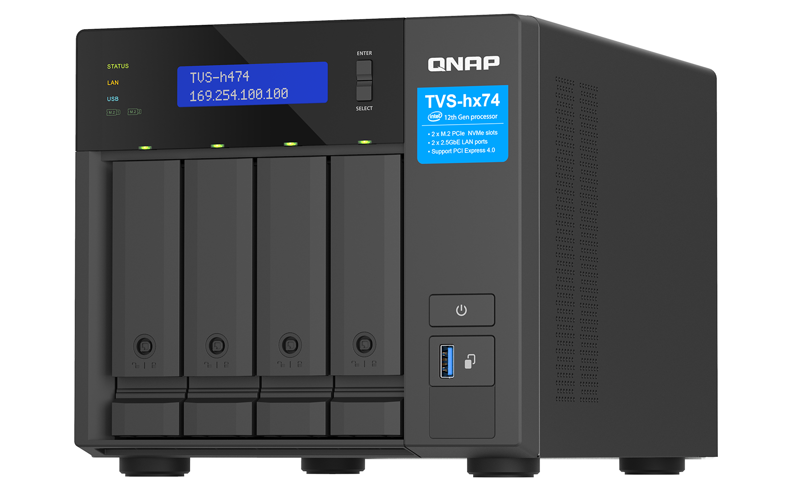 QNAP TVS-h474-PT-8G Highly-reliable ZFS-based storage with PCIe Gen 4 expandability for 10/25GbE connectivity M.2 NVMe SSD caching and multi-threads processors for virtualization applications