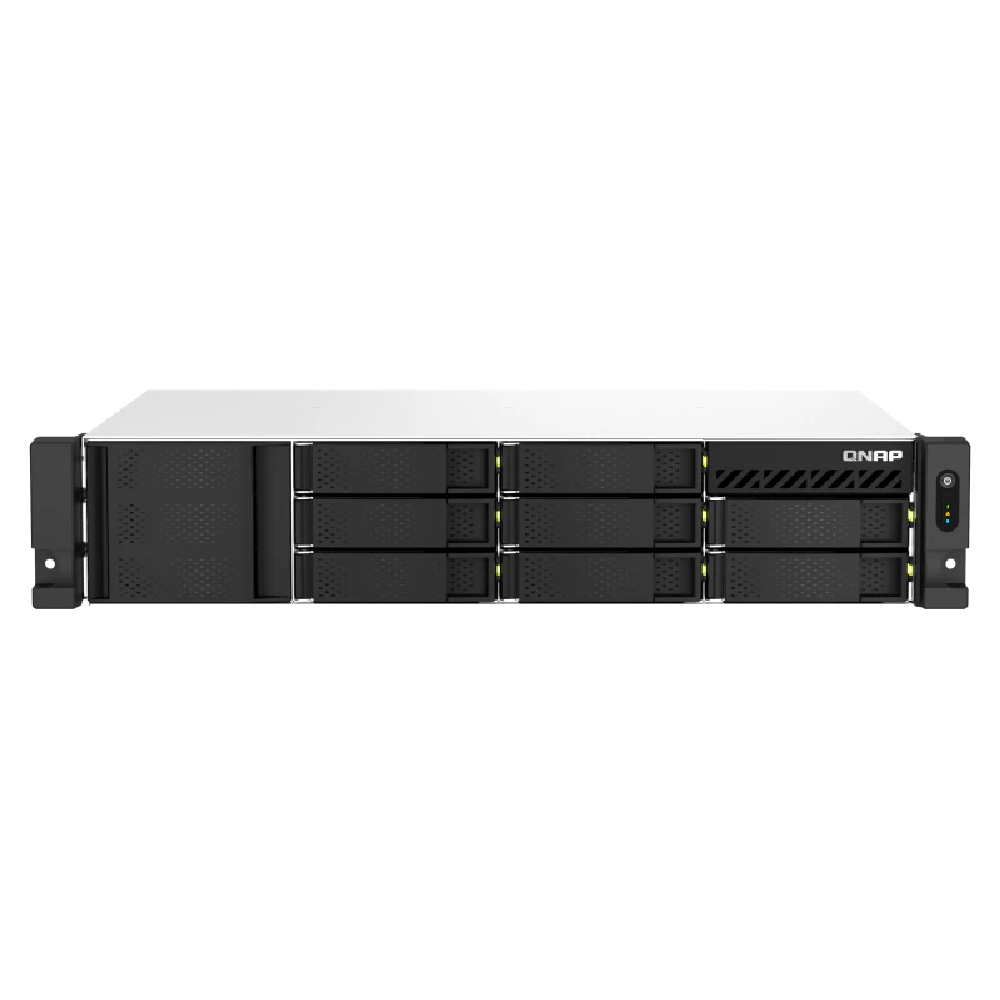 QNAP TS-873AeU-RP-4G Short Depth Rackmount dual-2.5GbE NAS. Powered by a Quad-core AMD Ryzen™ processor supporting 10 25GbE or M.2 SSD caching PCIe expandability for virtual applications