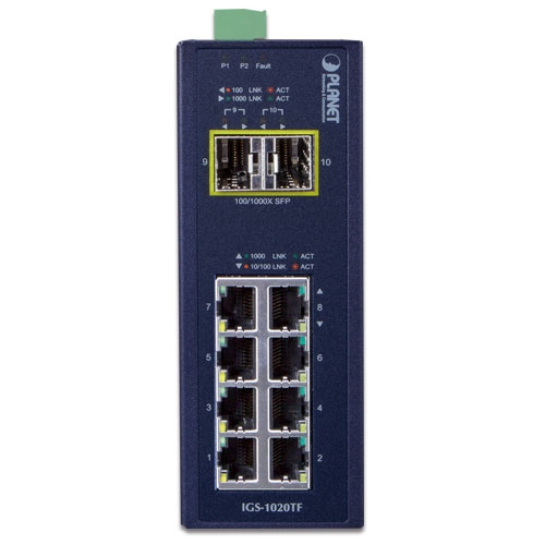 Planet IGS-1020TF Industrial 8-Port 100/1000T + 2 1000X SFP Ethernet Switch (-40~75 degrees C)