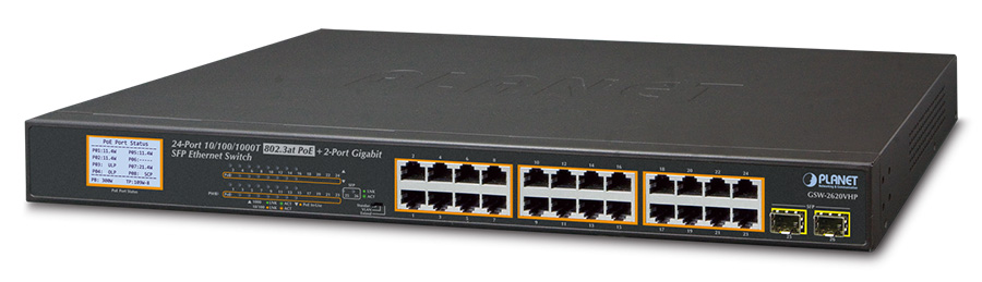 24-PORT 10/100/1000T 802.3AT POE + 2-PORT GIGABIT SFP ETHERNET SWITCH WITH LCD POE MONITOR GSW2620VHP