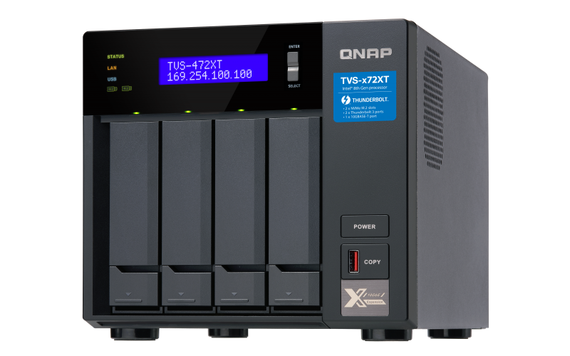 QNAP TVS-472XT-i3-4G Breakthrough performance and outstanding connectivity with 10GbE Thunderbolt™ 3 and M.2 PCIe NVMe SSD slots (Supports QTS or QuTS hero operating system)